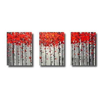 מצוירים ביד 3 חלקים ממוסגר דקורטיביים הול ציורים נורדי מופשט אדום יער אמנות ציור שמן על מינימליסטי הסלון