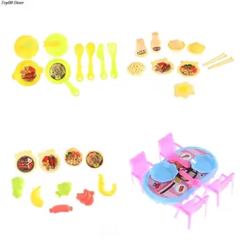 1 סט בית בובות מיניאטורי מטבח שולחן שולחן אוכל כסא רהיטים מיני פלסטיק המרק סיר מחבת כף DIY זירת אביזרים