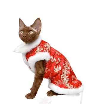 ספינקס דבון רקס Conis חתלתול תלבושות קטיפה אדום ברוקד פרח זהב ארנב שיער אפוד עבה מעיל עבור החתול החתול בגדים