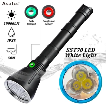 Asafee DA18 50 מטר מתחת למים 10000LM מקצועי LED פנס צלילה XHP70 IPX8 עמיד למים לבן/צהוב אור לצלול המנורה