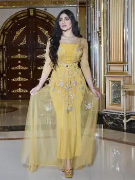 המזרח התיכון זנב ארוך שמלה חמה יהלום Kaftan גלימת תחרה בועה שרוול צהוב צינור השמלה