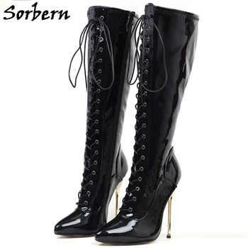 Sorbern אופנה הברך מגפיים גבוהים פטנט שחור מתכת עקב גבוה 14Cm נעלי תחרה מחודדות מותאם אישית רחב או דק עגל מתאים אתחול