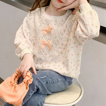 אביב סתיו Y2K קוריאנית Bowknot Kawaii בנות חולצות שרוול ארוך אופנה תחרה ילדים לכל היותר מתוק סוודר חמוד הבגדים של הילדים
