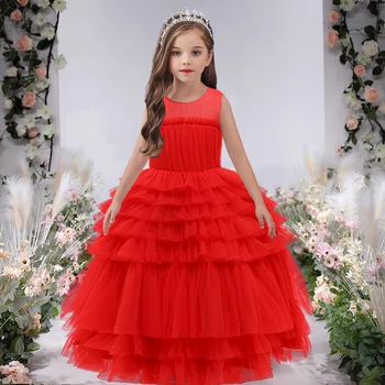 4-14 שנים שושבינה באורך קרסול הילדים שמלות לנערות ילדים תחפושת נסיכת עוגת חצאית שמלת ילדה מסיבת חתונה שמלה