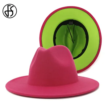FS רוז אדום ירוק טלאים נשים יוניסקס פנמה צמר הרגיש פדורה כובעי נשים רחב שוליים מסיבת מגבעת בוקרים כובע אופנה ג ' אז כובע
