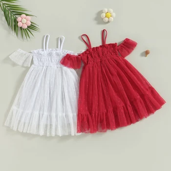 Mildsown תינוק בייבי בנות שמלת הקיץ דוט הדפס כתף טול שמלת נסיכה יום הולדת מסיבת חתונה התחרות חצאית שמלה