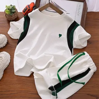 נערים צעירים כותנה ביגוד ילד ילדה 2023 הקיץ הקוריאני Tshirts קצרים יבול סט תלבושות מוצק Loungewear העשרה אימוניות.