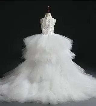 Glizt זמן נגרר לבן תחרה הראשונות קודש שמלת פרח טול שמלת נשף בנות תחרות שמלת ילדה פרח שמלת חתונות