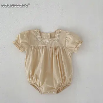 קיץ לתינוק הנולד בנות פאף שרוול טלאי תחרה חלולה החוצה חיצונית ביגוד תינוקות ילדים כותנה סרבלים תינוק בגדי הגוף