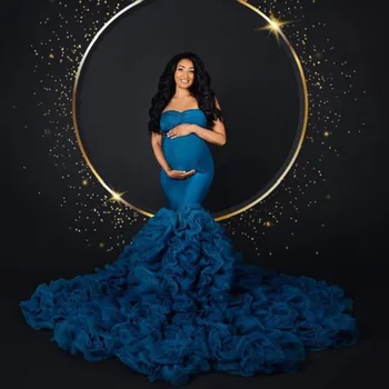 אלגנטי כחול רויאל ים יולדות שמלת צילום שמלות סטרפלס למתוח פרע טול שמלת היריון Babyshower שמלות