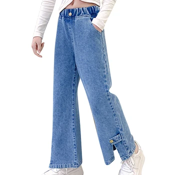 ילדים בנות אופנה כפתור עיצוב ג ' ינס מכנסיים גבוהים מותניים קטן פיצול רחב רגל סרבל מכנסיים ילדים הבגדים 3-16 שנים
