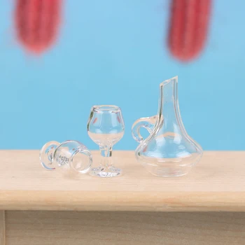 1Set 1:12 בית בובות מיניאטורי יין בקבוק זכוכית שקוף כוס פיכח בקבוק דגם הסלון חיים זירת עיצוב צעצוע