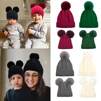 אמא, ילדים חורף כובעים חמודים כפול הכדור מעובה קטיפה רירית כובעים הורה-ילד שווי חיצוני חם לתינוק כובע סרוג עבור ילד ילדה