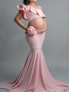 לידה שמלה אחת כתף פרע שרוול ההדוקות לידה ארוכה שמלת אישה בהריון צילום אלבום תמונות שמלה מתוקה