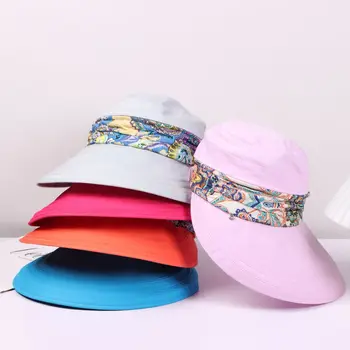 נשים אופנה קיץ מגן השמש כובע מתקפל נייד חוף כובע רחב שוליים אנטי-UV מהשמש כובע פרחוני הדפסה כובעי חיצונית חוף קאפ