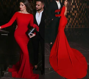 סקסית אדומה לנשף ללא משענת שמלות ערב 2022 הסירה צוואר בתולת ים ערב רשמי שמלות שרוול ארוך גלימות דה לנשף Vestidos דה נוביה