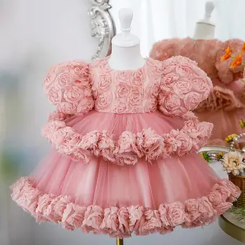 התינוק ספרדית לוליטה נסיכה, שמלת נשף פרחוני רשת תפירה עיצוב יום הולדת ההטבלה הפסחא עיד שמלות לבנות A2492
