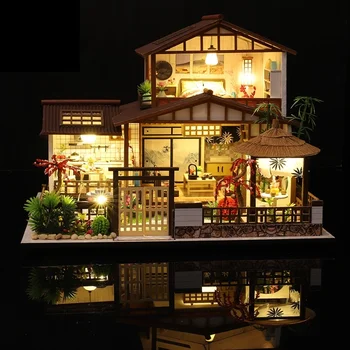 עץ Diy בית בובות מיניאטורי ערכת אדריכלות יפנית בית בובות עם ריהוט לבית, צעצועים לילדים, מתנות ליום הולדת בנות