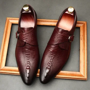 דפוס תנין Mens החתונה נזיר רצועת להתלבש נעלי עור עגל אמיתי רשמי נעליים כפול אבזמים יוקרה קצה מחודד נעליים