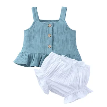 כותנה, פשתן בגדי תינוקות סטים תינוקות בנות בנים הקיץ פרע אפוד ללא שרוולים חולצה חולצות+מכנסיים קצרים היילוד מוצק צבע תלבושות