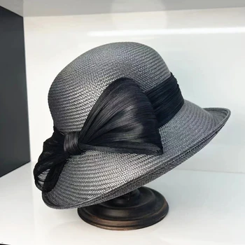 2023 אופנה יוקרה, נייר קש בעבודת יד משי קשת קישוט ציירו נשים אלגנטי מסיבת החתונה כובע קיץ החוף כובע השמש
