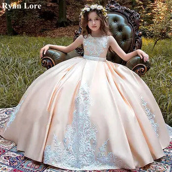 ורוד כדור שמלה פרח ילדה שמלות 2020 אפליקציות שרוולים ילדים הנסיכה שמלת חתונות שמלת ההתייחדות הראשונה בתחרות שמלת