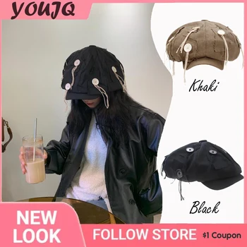 Y2K נשים שחורות אופנה וינטג ' Oversize כובעי כובעים עבור נשים סגנון רחוב כומתה קאפ נשים כפתור שטוח כובע עיתון כובעי Gorra