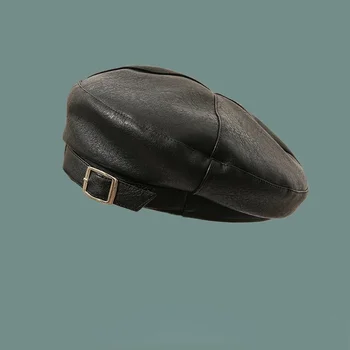 נשים עור PU ברזל כפתור שטוח הברט הצרפתי אמן מתומן כובע צייר הכומתות סתיו חורף כל-התאמת חם הליכה כמוסות